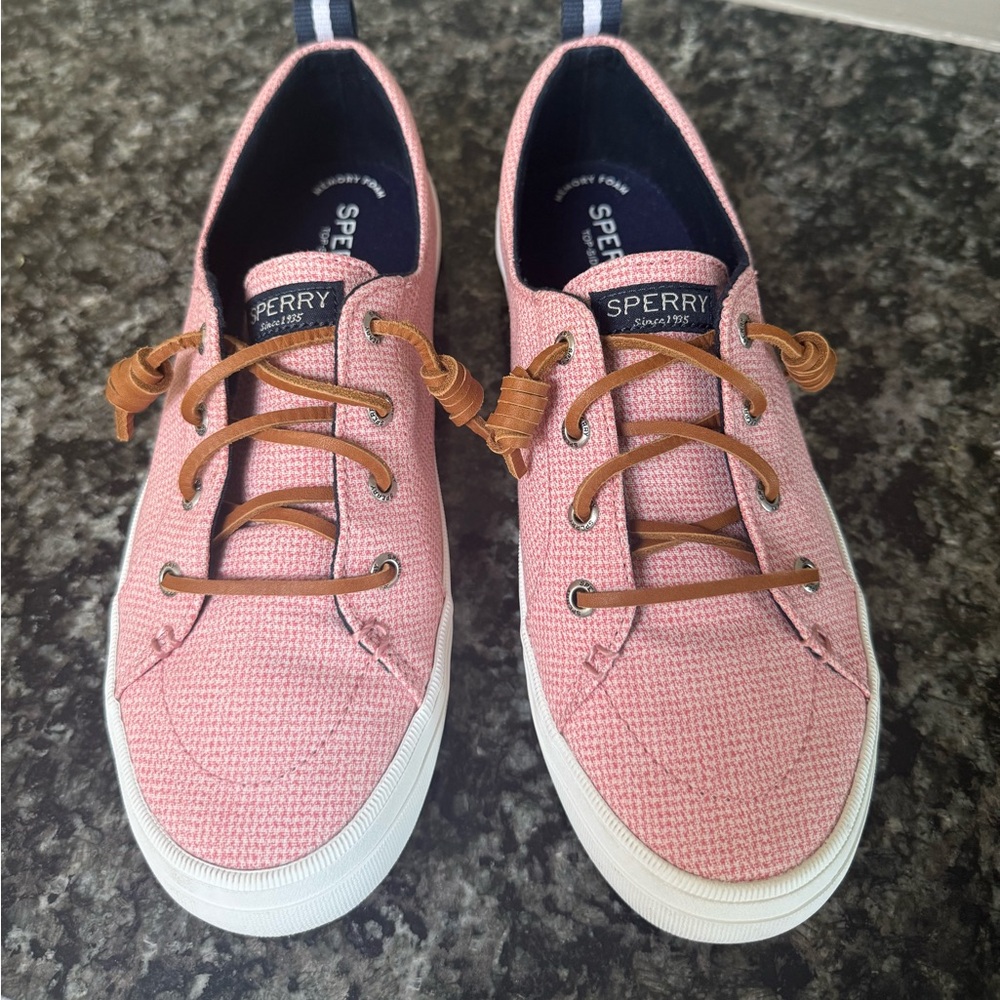 Sperry Pink Canvas Sneakers with Brown Laces
